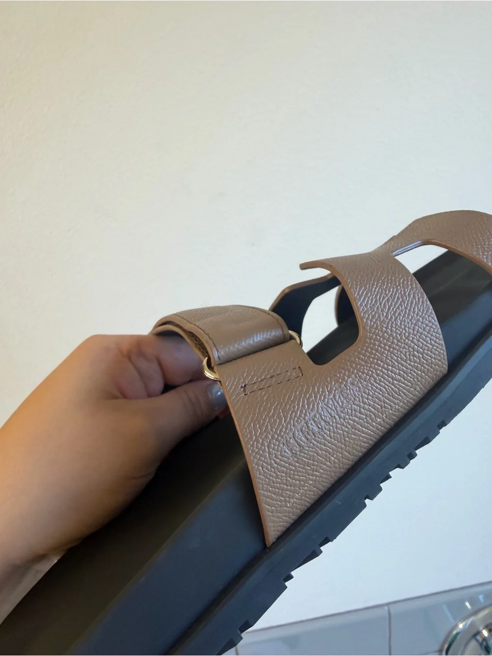 H Black Footbed Brown H-Strap Slide Sandals